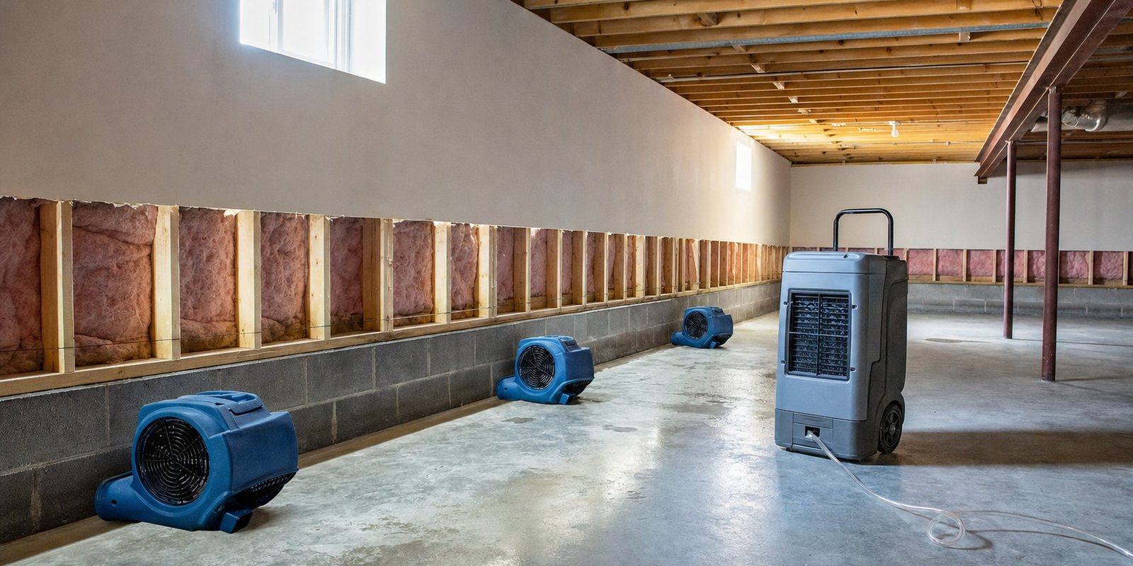 Basement with a flood cut along the foundation wall, three air movers on the slab and a commercial dehumidifier running