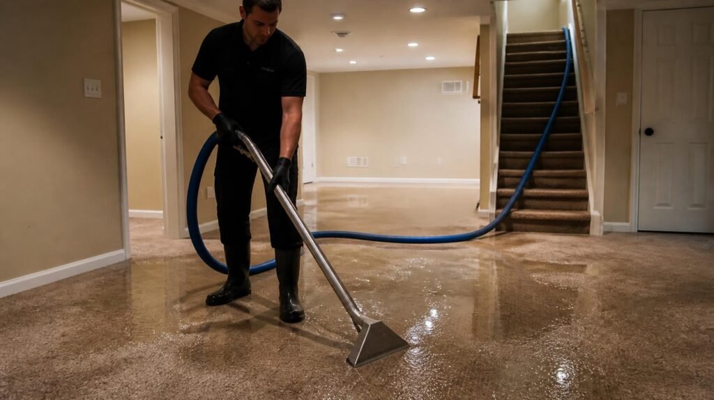 Technician extracting standing water from a residential basement